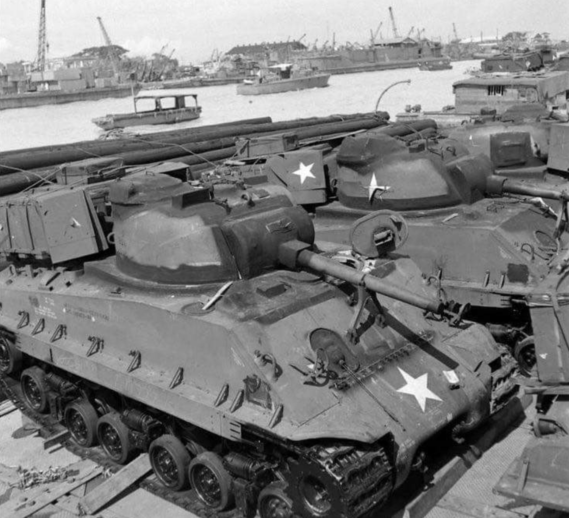 Weatherproofed M4A3 (75)W HVSS Shermans Await Shipment To Pacific Theater, 1945 