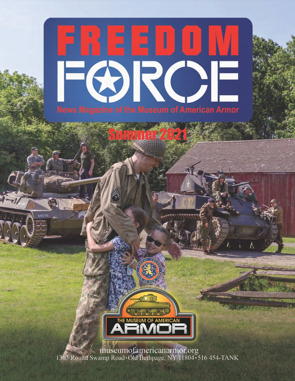Freedom Force- Summer 2021 Cover with mock soldier hugging two children in front of tanks